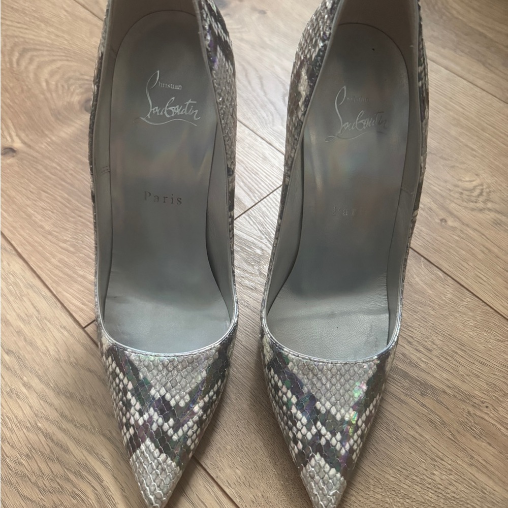 Christian Louboutin Silver So Kate Heels with Snakeskin Pattern
